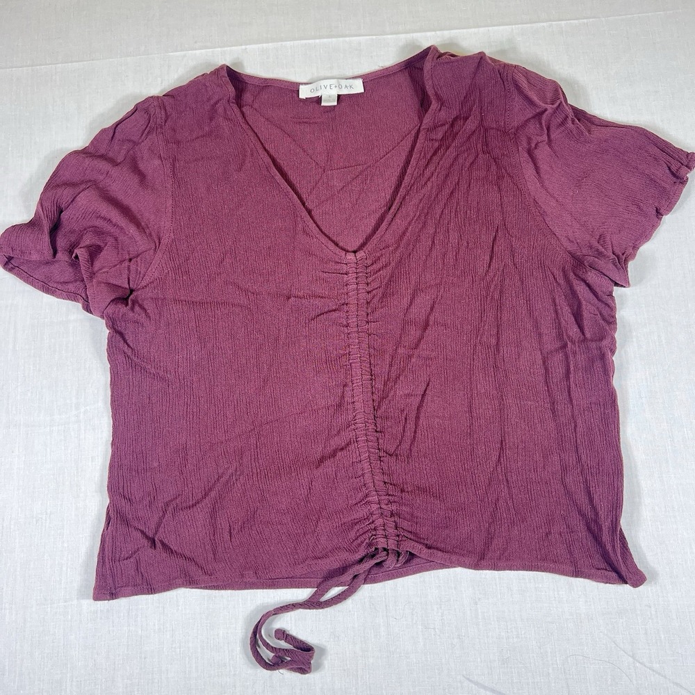 Olive + Oak Womens Mauve Ruched Front Tie Blouse Short Sleeve- Size L
